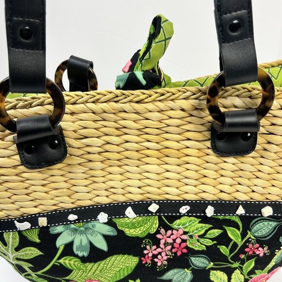 Vera Bradley Straw Beach Tote Bag Black Floral Capri Melon Tie - Picture 3 of 15